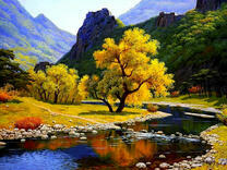 Желтая осень, река и горы