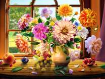 Опадающий букет хризантем и роз в кувшине