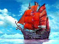 Большой корабль с красными парусами