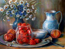 Ромашки и летние фрукты в натюрморте