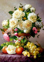 Букет роз, виноград и фрукты