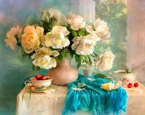 Букет белых пионов и вишня