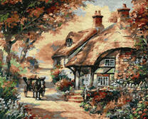 Ослик с телегой у дома