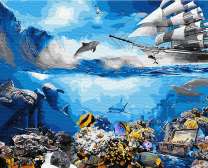 Корабль и подводный мир с дельфинами