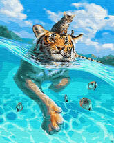 Тигр плывет с кошкой