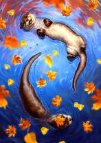 Две выдры в осеннем пруду