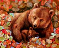 Медведица с медвежонком в осенних листьях