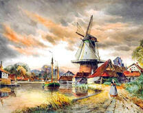 Ветряная мельница и корабль на реке