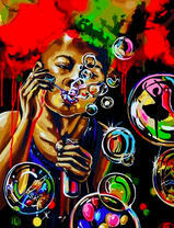 Девушка с яркой прической и мыльные пузыри