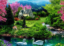 Лебединое озеро у каменного домика