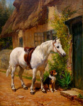 Белый конь под седлом и пёс