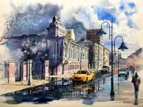 Желтое такси в сером дождливом городе