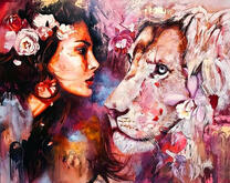 Девушка и лев среди цветов