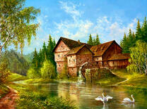 Большой дом с водяной мельницей