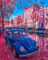 Синий фольксваген жук под опавшими листьями