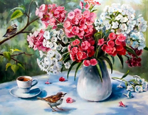 Букет флоксов, кофе и воробьи