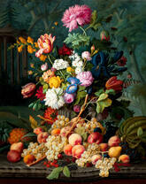 Вьющиеся цветы, гроздья винограда и персики