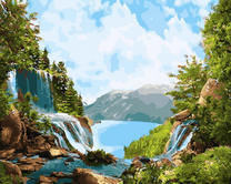 Сказочный пейзаж с горным озером