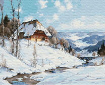 Дом засыпан снегом на берегу горной реки