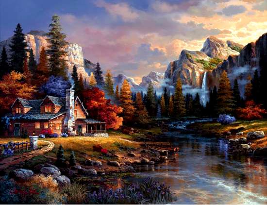 Картина по номерам 40x50 Тихий домик у реки в горах