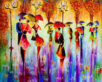 Люди под зонтами в осенних тонах