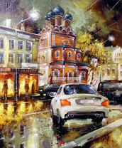 Храм и автомобили в вечернем городе