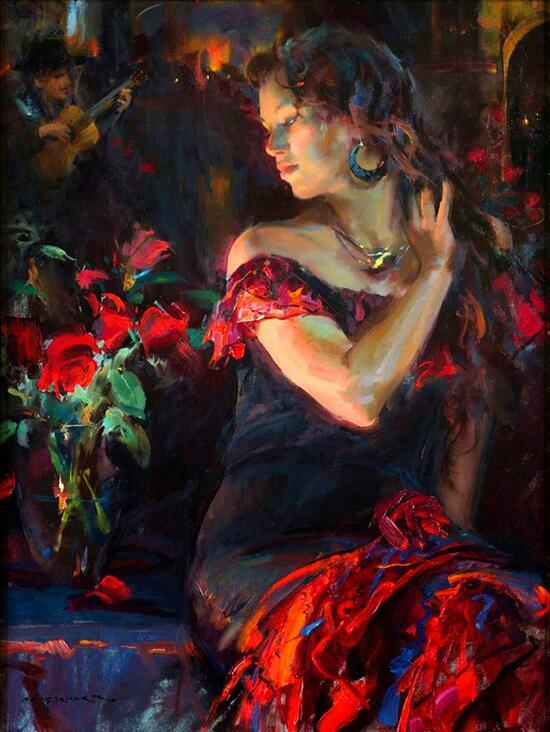 Картина по номерам 40x50 Дама в черно-красном платье и розы