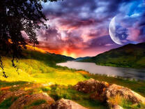 Луна над холмами и рекой