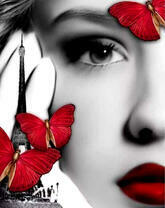 Красные бабочки, девушка, и Эйфелева башня