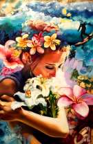 Девушка, море и цветы лилий