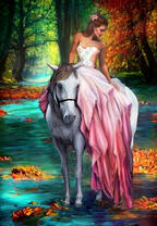 Девушка в розовом на белой лошади