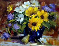 Синий кувшин с букетом летних цветов