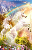 Пара единорогов в радужных лучах солнца