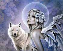 Девушка ангел и белый волк на фоне луны