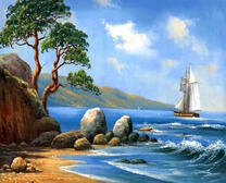 Парусник у скалистых берегов моря