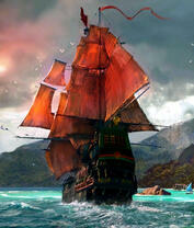 Большой корабль с красными парусами у берега