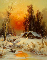 Красное солнце над зимней деревней