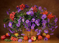 Корзина с полевыми цветами, калиной и яблоками