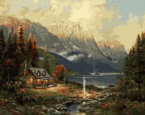 Домик на берегу озера среди высоких гор