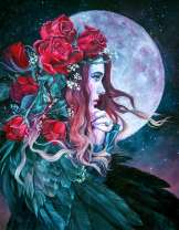 Девушка с розами в волосах на фоне луны