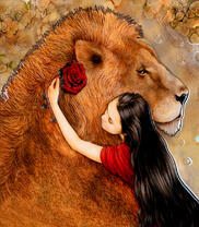 Девушка обнимает огромного льва
