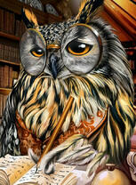 Мудрый филин пишет книгу в библиотеке