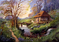 Мальчик с собачкой на мостике у избушки