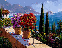 Горшочки с цветами на городской набережной