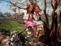 Две девчонки на цветущей яблоне