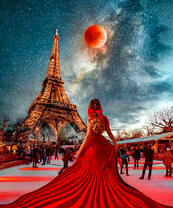Девушка в красном платье под луной в Париже