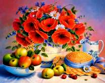 Яблоки и букет из маков и ромашек