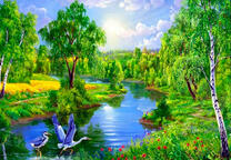 Журавли на берегу мелкой реки