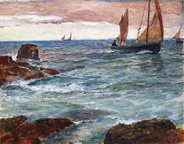 Лодка с парусами на берегу моря