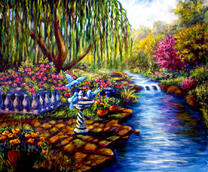 Ива над тихой рекой в саду